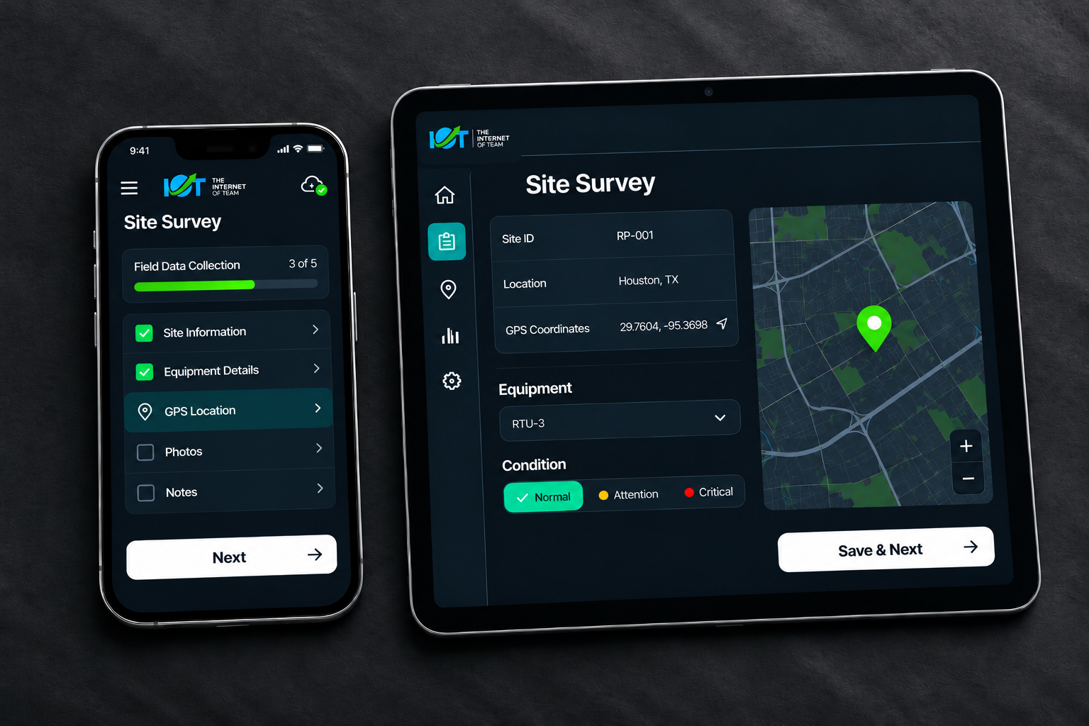 Site survey app shown on a phone and a tablet in the field